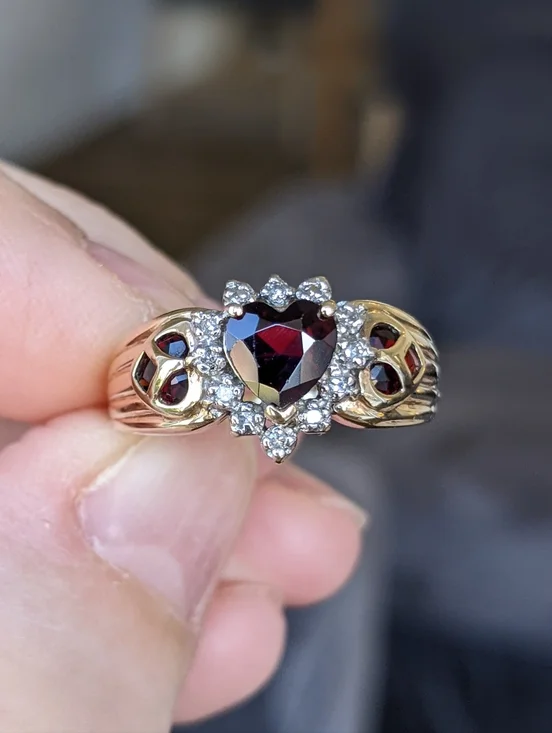 Antique 10K Gold Heart Cut Garnet Ring with Diamond Halo - Picture 3 of 14